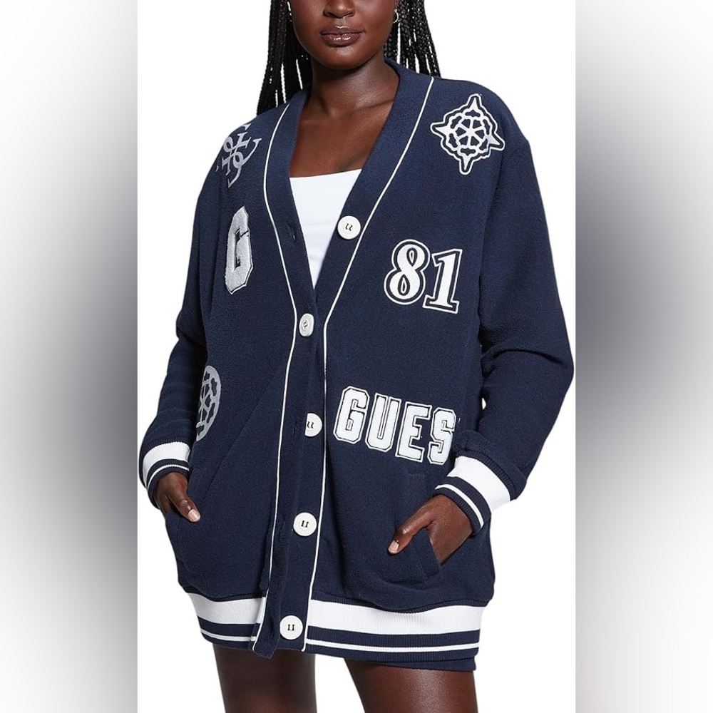 Guess women’s Noele Boucle Varsity Cardigan in Daring Ocean NEW